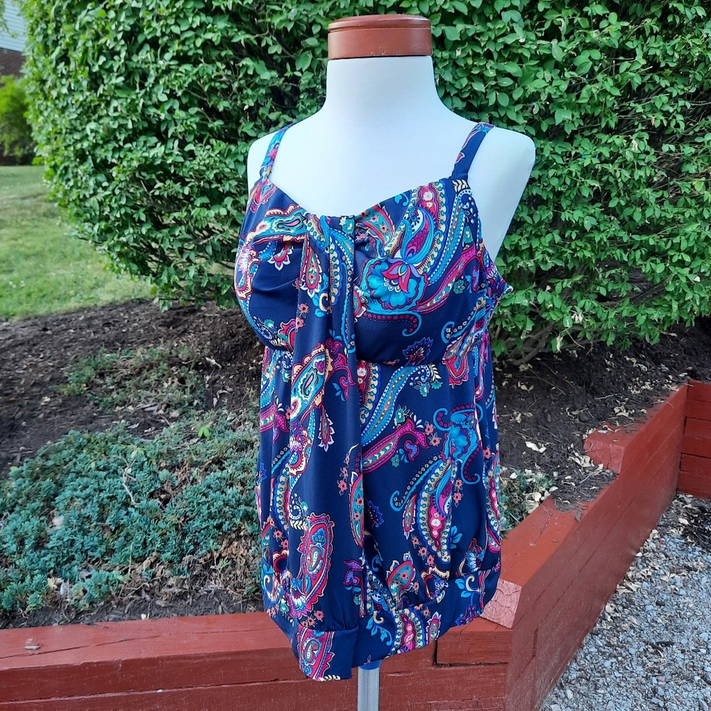 Lands' End Swim Paisley Slimming Blouson Padded Bra Tankini Top 16W Navy Multi